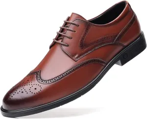 Single Season Formal Oxford Shoes for Men Lace Up Derby Shoes Brogue Embossed Leather Block Heel Slip Resistant Anti-Slip Low Top Business Very Popular Among Young People (Color : Brown