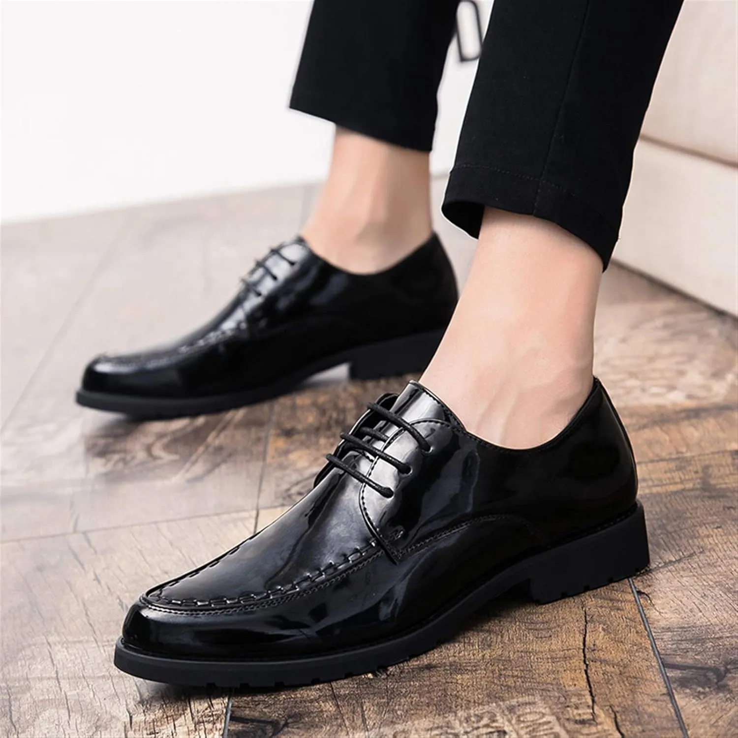Single Season Formal Shoes for Men Lace Up Apron Toe Derby Shoes Round Toe Vegan Leather Anti-Slip Rubber Sole Block Heel Wedding Very Popular Among Young People