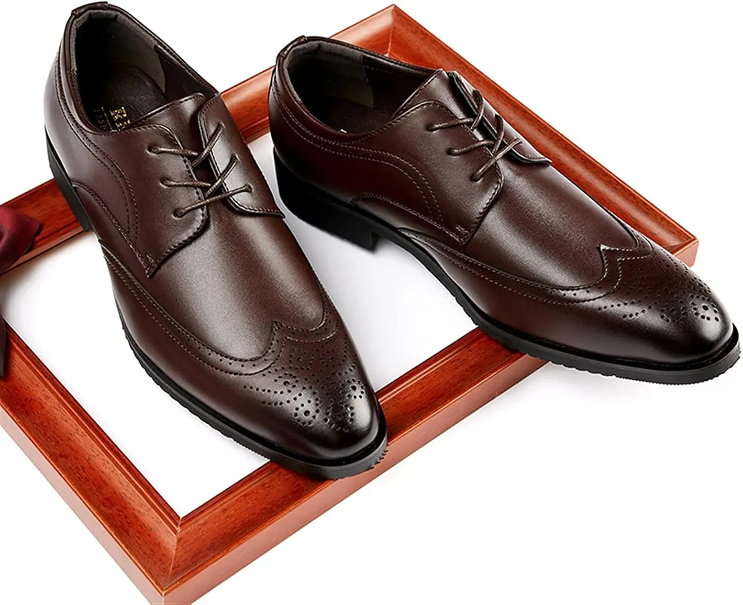 Single Season Formal Shoes for Men Lace Up Brogue Embossed Wing Tip Burnished Toe Vegan Leather Slip Resistant Rubber Sole Low Top Non Slip Prom Very Popular Among Young People