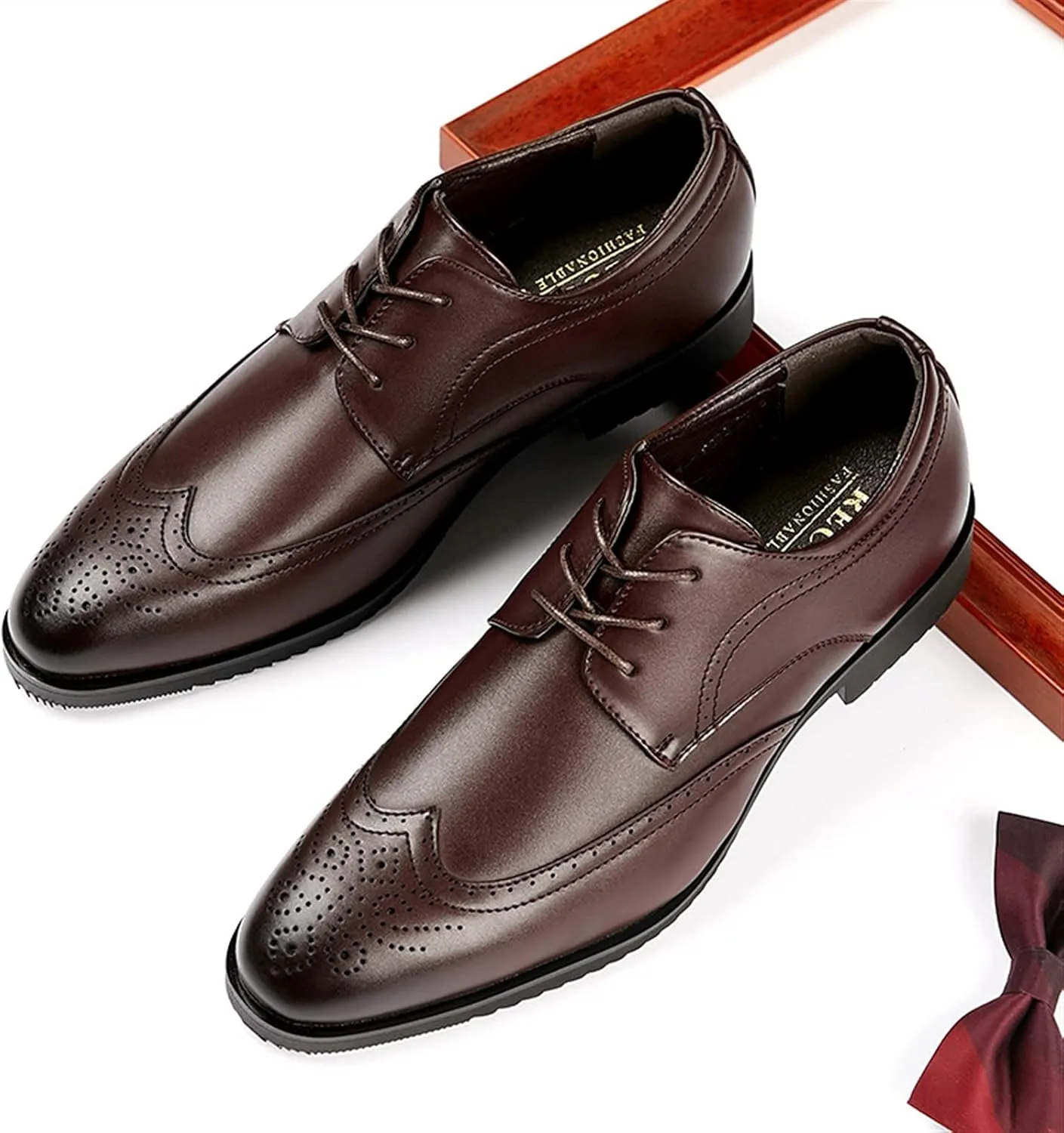 Single Season Formal Shoes for Men Lace Up Brogue Embossed Wing Tip Burnished Toe Vegan Leather Slip Resistant Rubber Sole Low Top Non Slip Prom Very Popular Among Young People