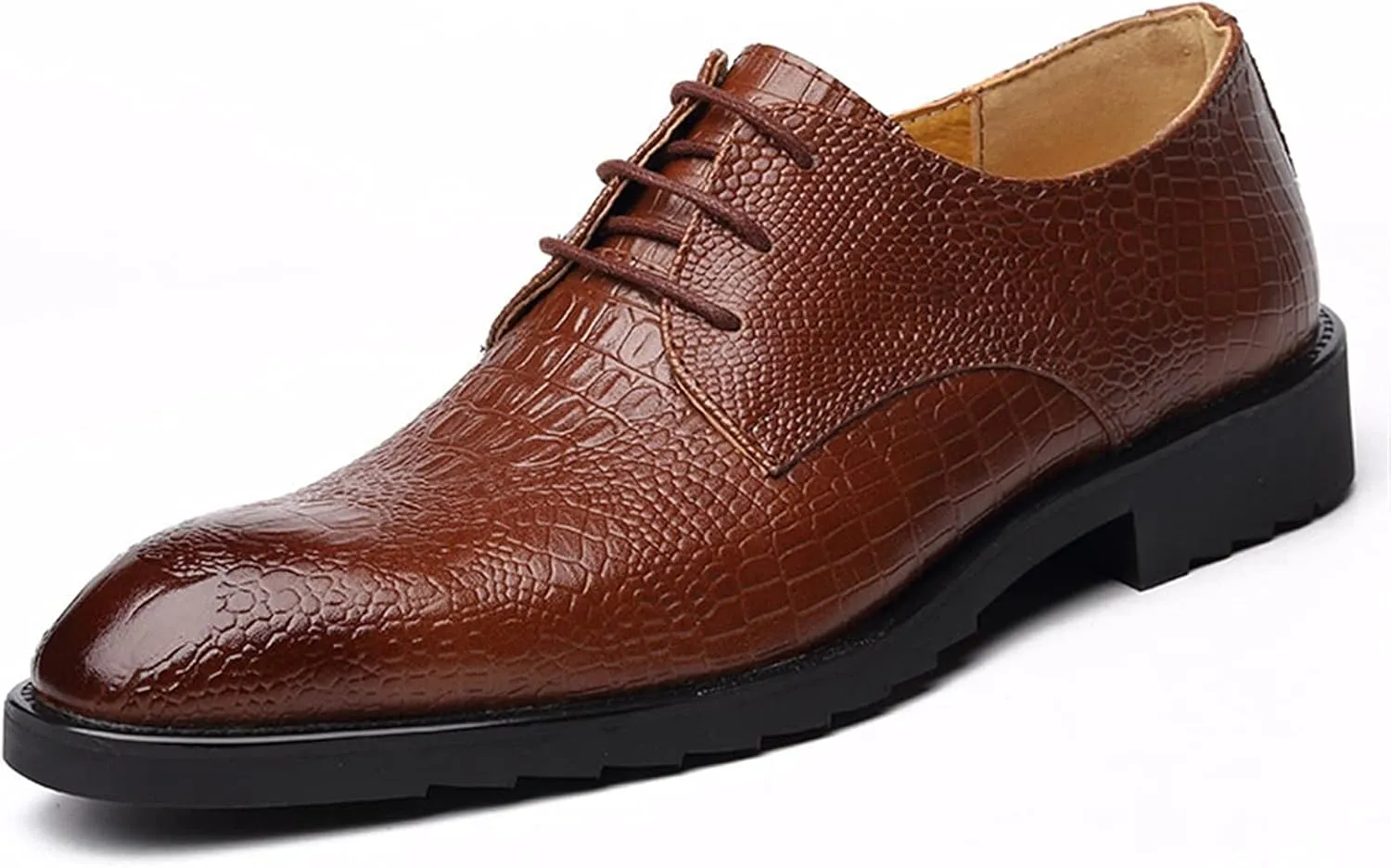 Single Season Formal Shoes for Men Lace Up Crocodile Embossed Burnish Round Toe Vegan Leather Anti-Slip Non Slip Rubber Sole Block Heel Low Top Business Very Popular Among Young People