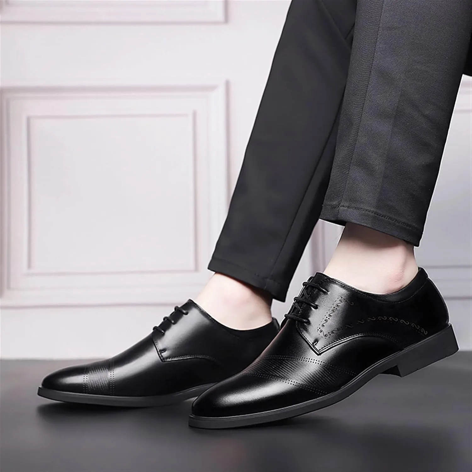 Single Season Formal Shoes for Men Lace Up Derby Shoes Round Toe Vegan Leather Anti-Slip Non Slip Resistant Party Very Popular Among Young People