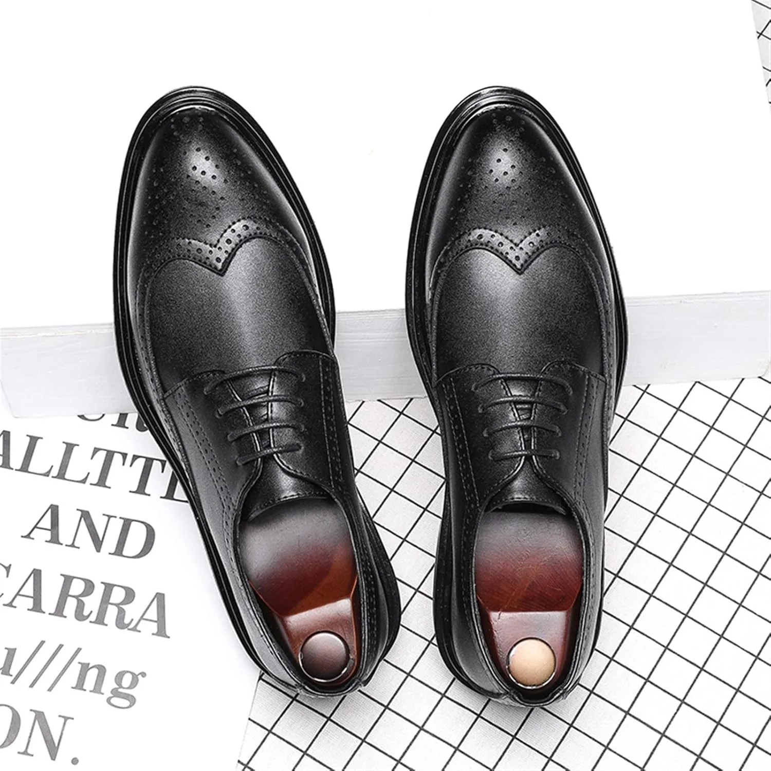 Single Season Oxford Shoes for Men Lace Up Brogue Embossed Wing Tip Round Burnished Toe Vegan Leather Slip Resistant Block Heel Anti-Slip Non Slip Rubber Sole Prom Very Popular Among Youn
