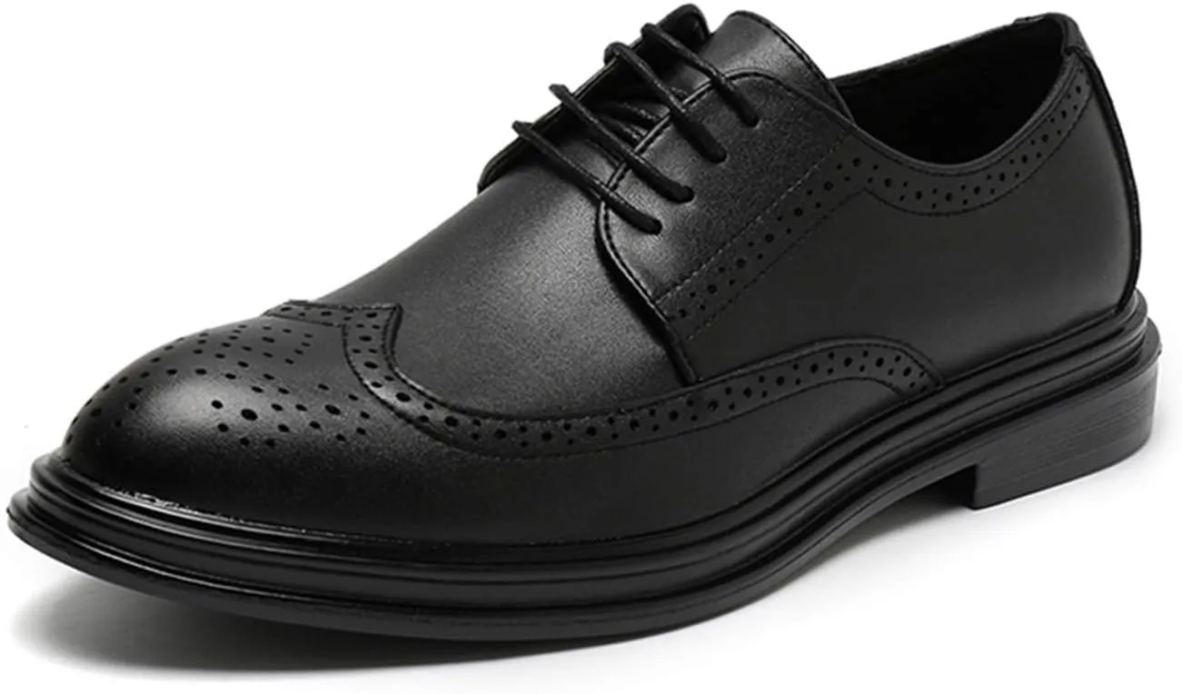 Single Season Oxford Shoes for Men Lace Up Brogue Embossed Wing Tip Round Burnished Toe Vegan Leather Slip Resistant Block Heel Anti-Slip Non Slip Rubber Sole Prom Very Popular Among Youn