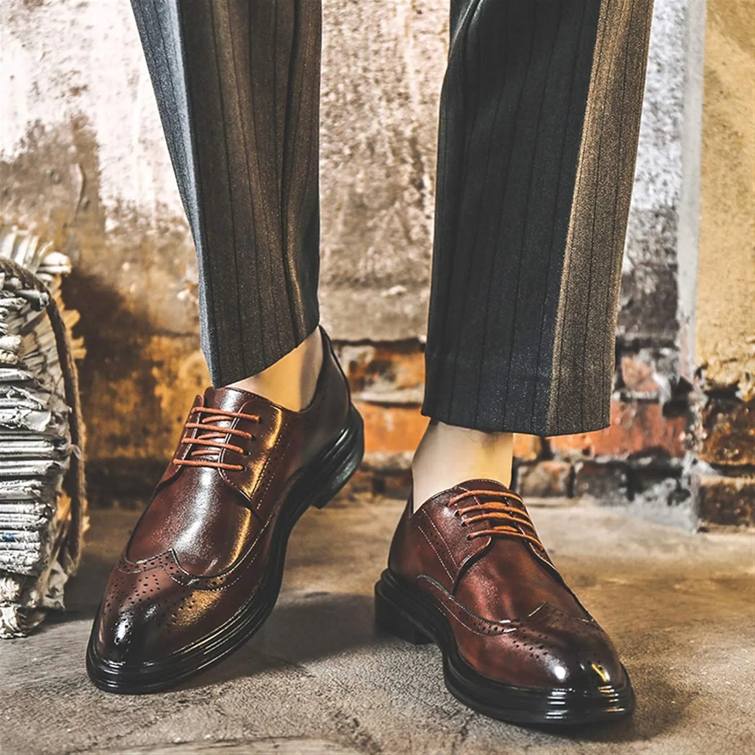 Single Season Oxford Shoes for Men Lace Up Brogue Embossed Wing Tip Round Burnished Toe Vegan Leather Slip Resistant Block Heel Anti-Slip Non Slip Rubber Sole Prom Very Popular Among Youn