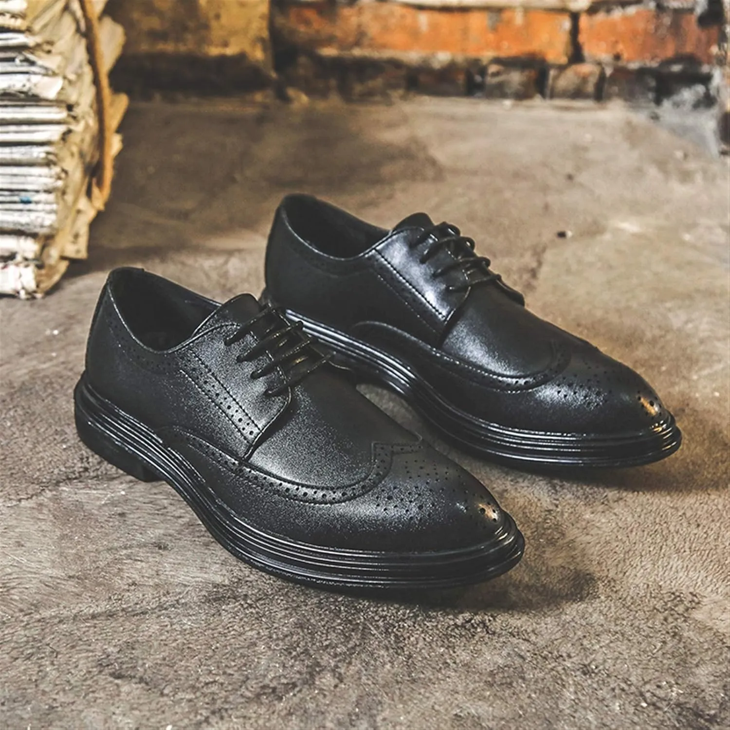 Single Season Oxford Shoes for Men Lace Up Brogue Embossed Wing Tip Round Burnished Toe Vegan Leather Slip Resistant Block Heel Anti-Slip Non Slip Rubber Sole Prom Very Popular Among Youn