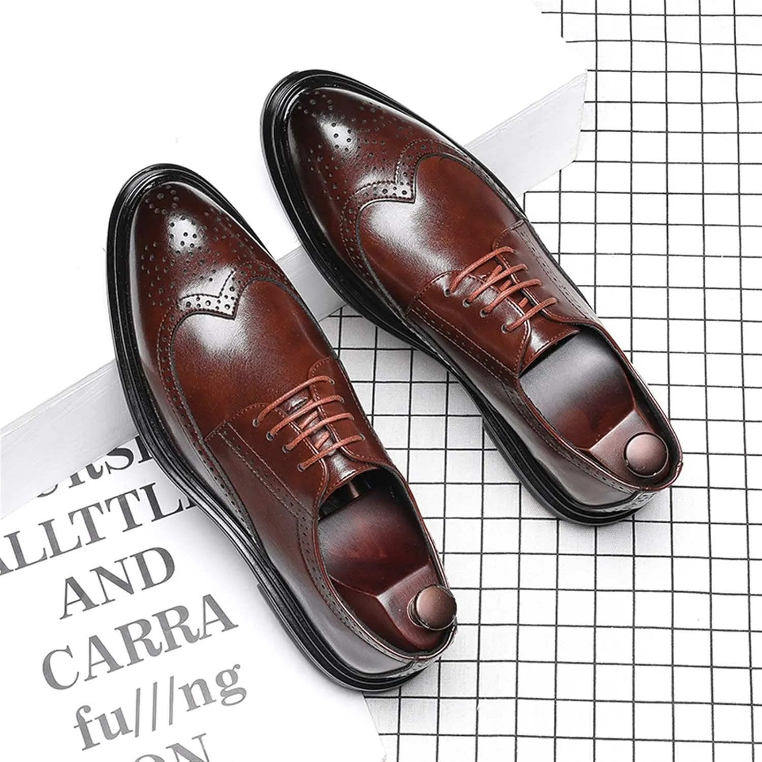 Single Season Oxford Shoes for Men Lace Up Brogue Embossed Wing Tip Round Burnished Toe Vegan Leather Slip Resistant Block Heel Anti-Slip Non Slip Rubber Sole Prom Very Popular Among Youn