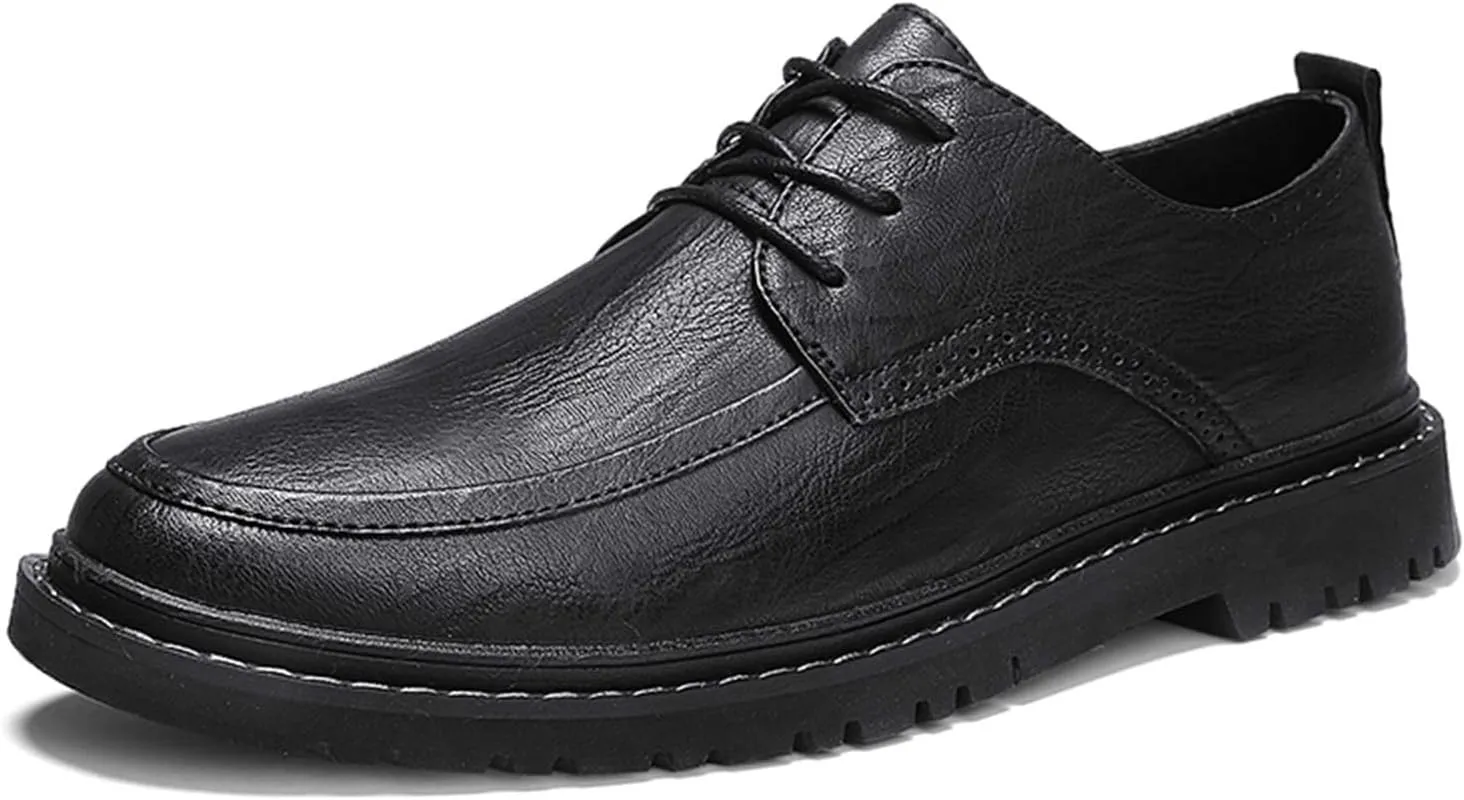 Single Season Oxford Shoes for Men Lace Up Brogue Embossed Wing Tip Round Burnished Toe Vegan Leather Slip Resistant Block Heel Anti-Slip Non Slip Rubber Sole Prom Very Popular Among Youn