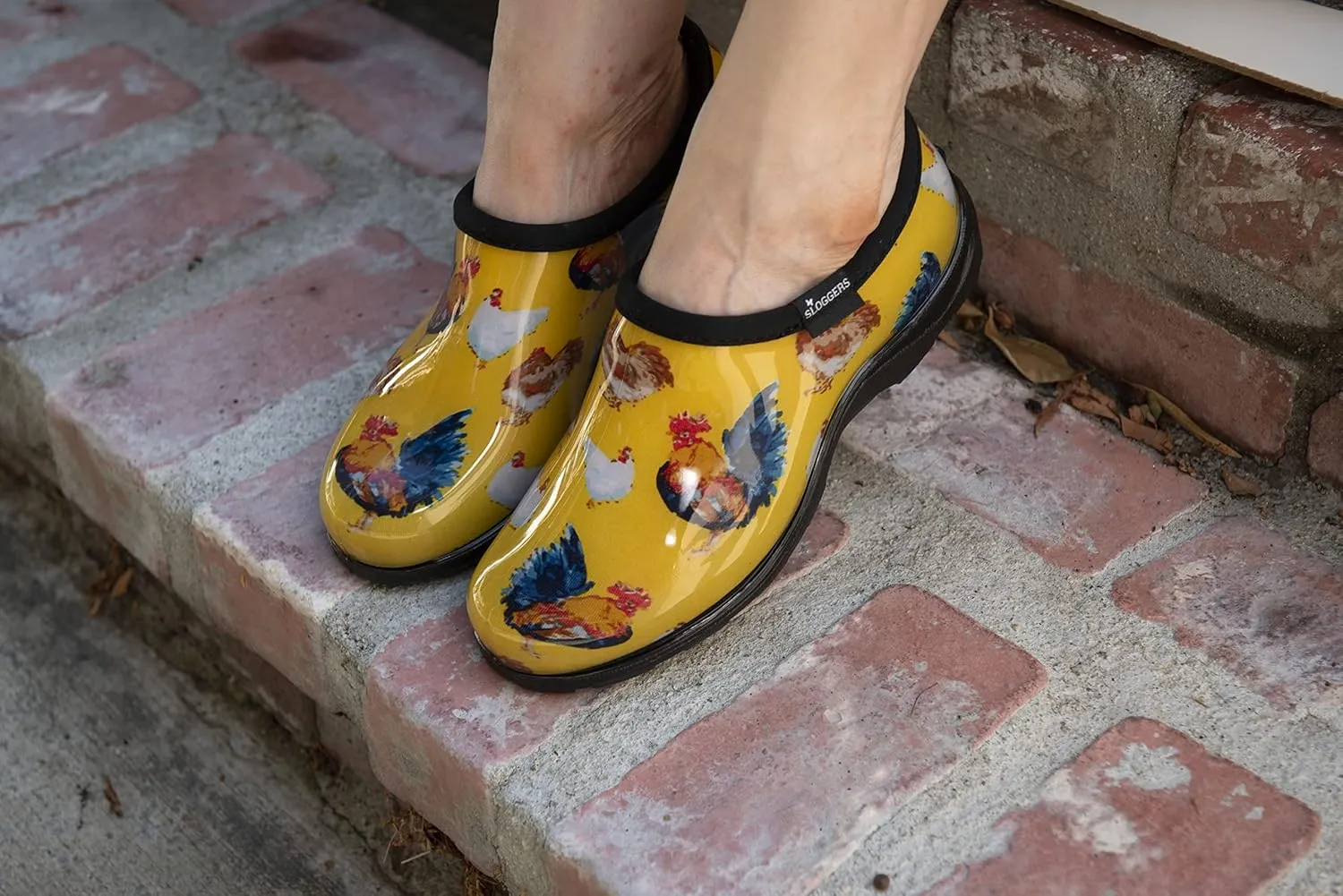 Sloggers Original Waterproof Rain and Garden Shoe for Women Outdoor Slip-On Garden Clog - Made in The USA with Premium Comfort Insole and Arch Support - Classic Chicken Print Yellow, Size 8