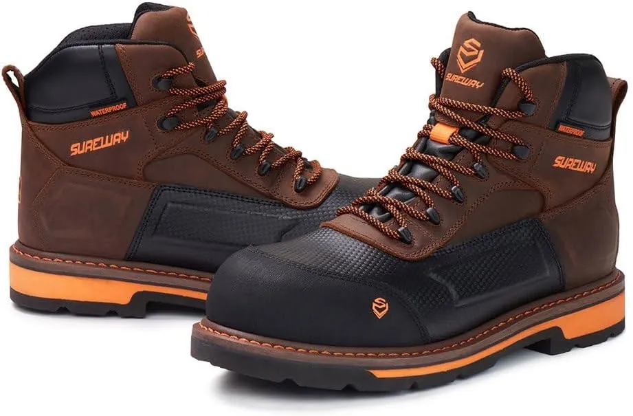 SUREWAY Composite Toe Heavy Duty Waterproof Work Boot, Mens 6" Goodyear Welt Oil/Slip Resistant Dual-Density Comfortable Outsole Leather Construction Industrial Safety Lace Up Work Boots - Brown