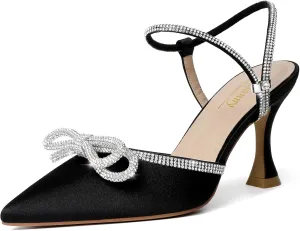 Susanny Women's Closed Toe Rhinstone Wedding Low Heel Slingback Clear Kitten Heels,Adjustable Strap Pointed Toe Bow Pumps High Heeled Prom Dress Shoes