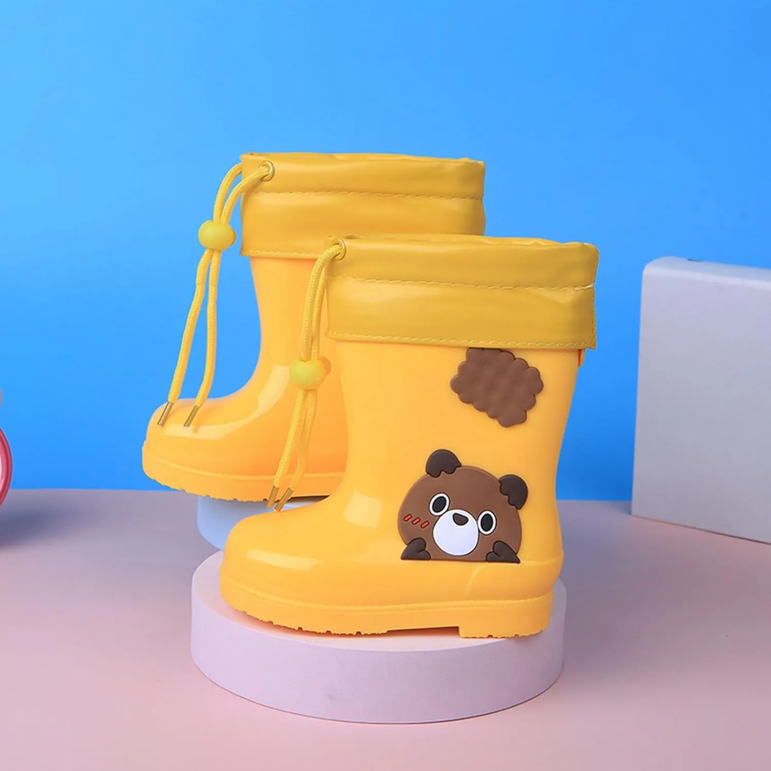 Toddler and Kids Plush Rain Boots, Unisex-Child Waterproof Rubber Rain Boots in Cute Bear Patterns for Girls Boys