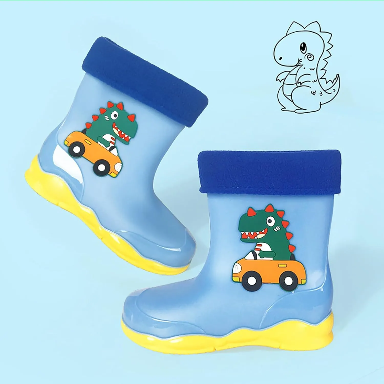 Toddler Boys Girls Dinosaur Rainboots with Fleece ining Kids Winter Lightweight Waterproof Rubber Mud Boots