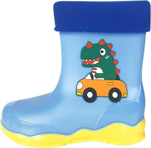 Toddler Boys Girls Dinosaur Rainboots with Fleece ining Kids Winter Lightweight Waterproof Rubber Mud Boots