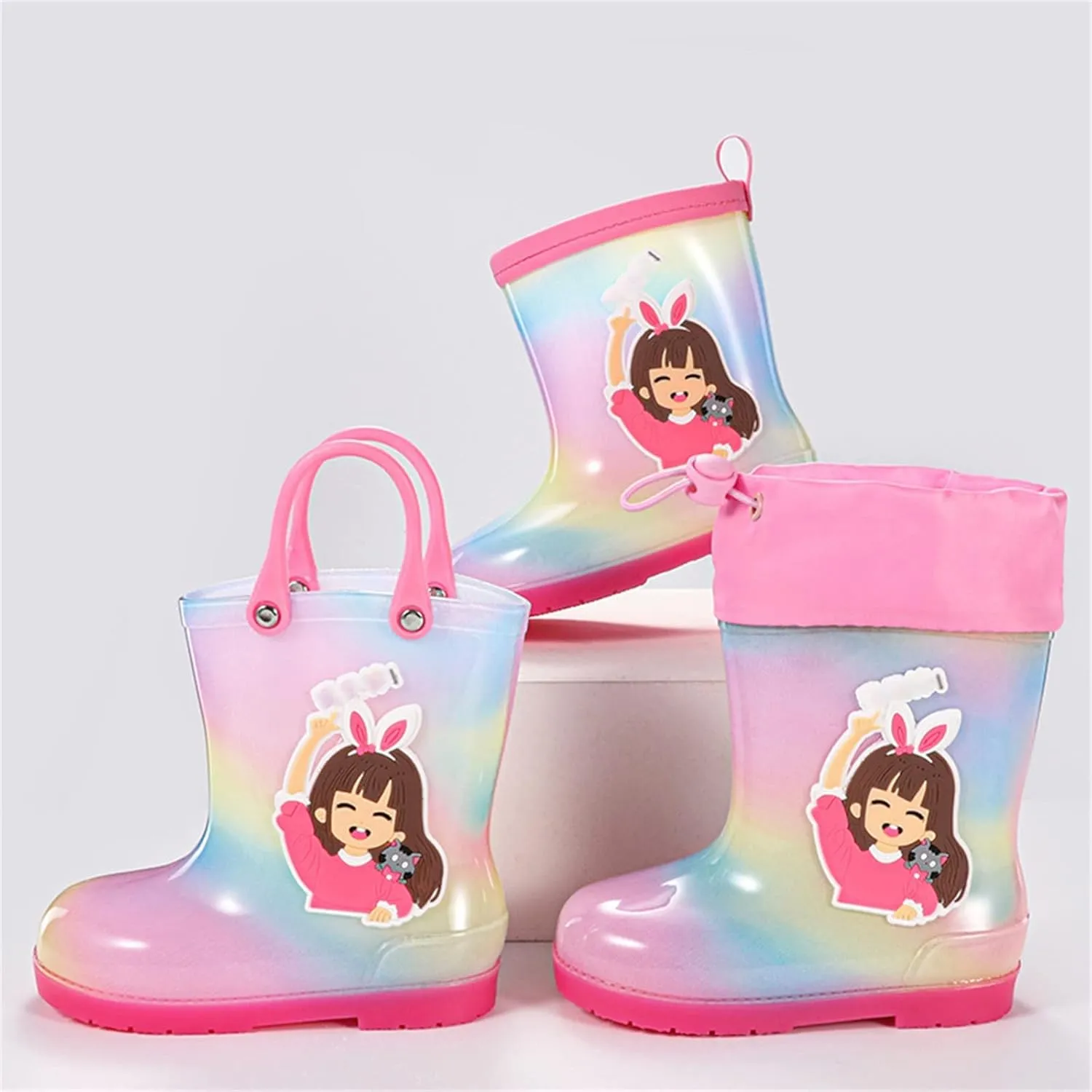 Toddler Slip On Rainbow Rain Boots Kids Cute Garden Boots for Boys Girls Easy-on Lightweight Waterproof Mud Boot