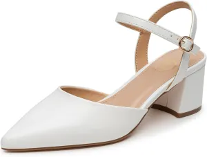 Trary Women's Pointed Toe Low Chunky Block Heels,Comfortable Adjustable Ankle Strap Closed Toe Work Wedding Dress Party Pumps Shoes