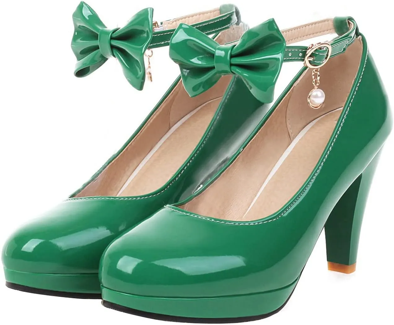UniqueStride Womens Ankle Strap Block High Heel Pumps Chunky Heels Platform Round Toe Wedding Party Dress Elegant Bow Patent Leather Shoes