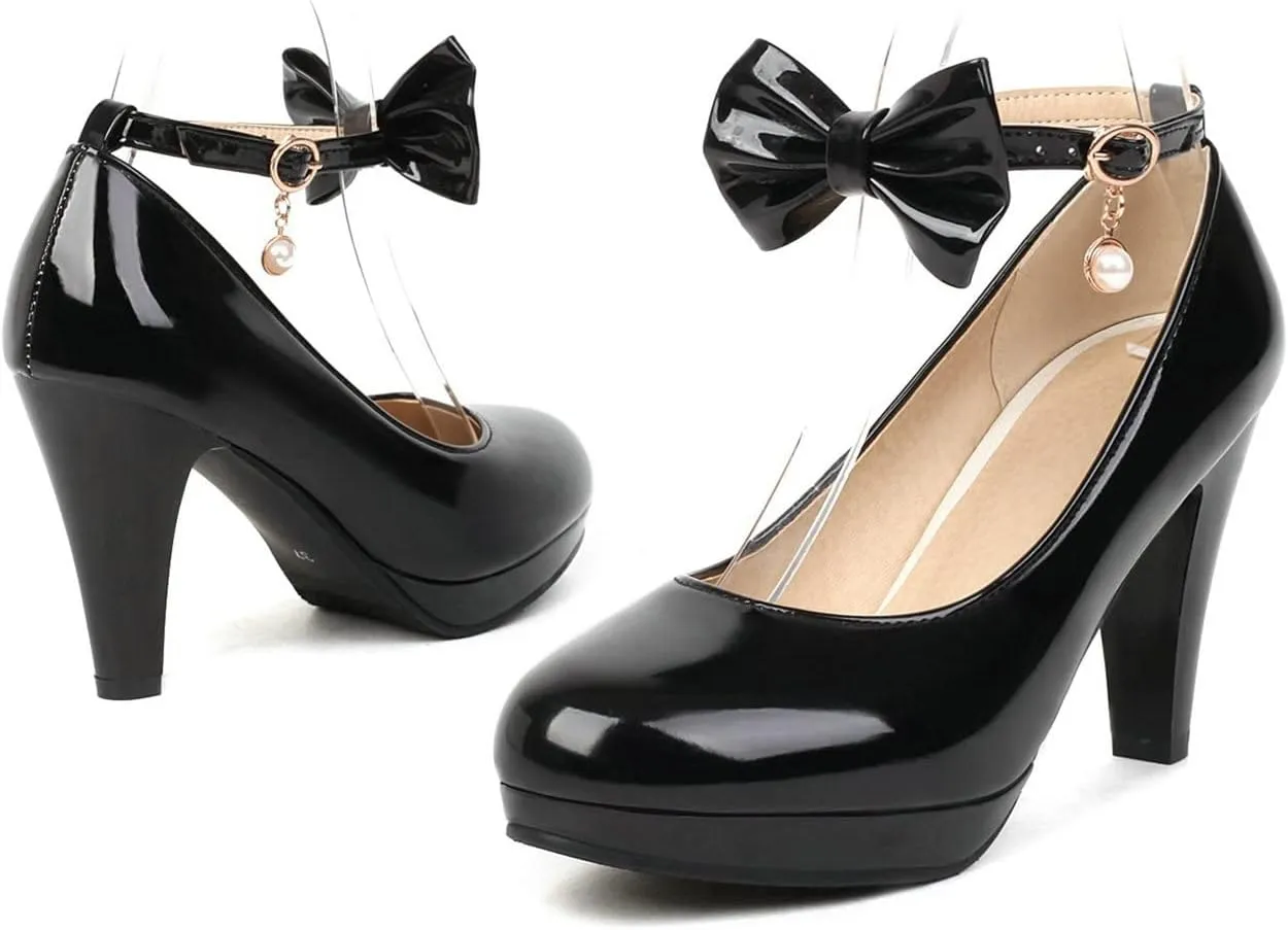 UniqueStride Womens Ankle Strap Block High Heel Pumps Chunky Heels Platform Round Toe Wedding Party Dress Elegant Bow Patent Leather Shoes