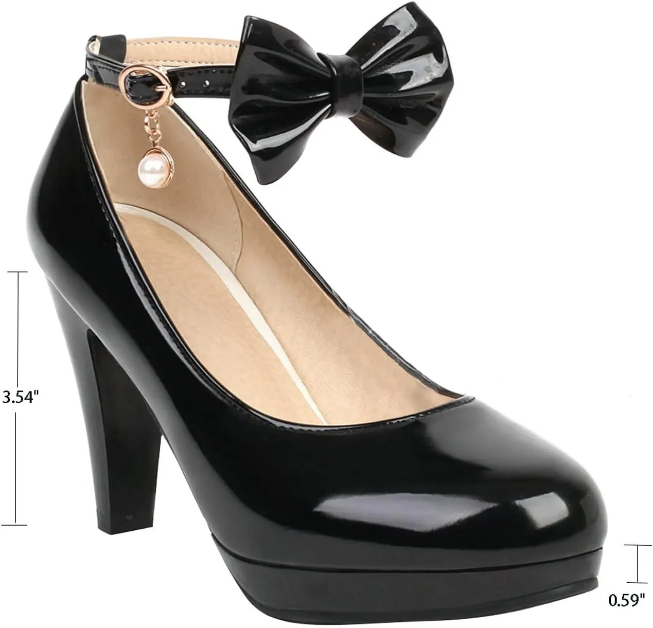 UniqueStride Womens Ankle Strap Block High Heel Pumps Chunky Heels Platform Round Toe Wedding Party Dress Elegant Bow Patent Leather Shoes