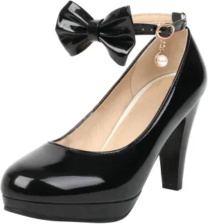 UniqueStride Womens Ankle Strap Block High Heel Pumps Chunky Heels Platform Round Toe Wedding Party Dress Elegant Bow Patent Leather Shoes
