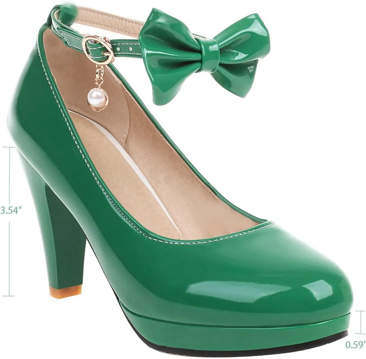 UniqueStride Womens Ankle Strap Block High Heel Pumps Chunky Heels Platform Round Toe Wedding Party Dress Elegant Bow Patent Leather Shoes