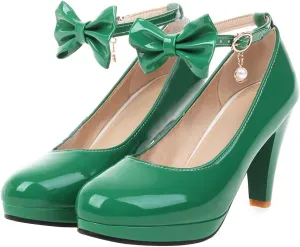 UniqueStride Womens Ankle Strap Block High Heel Pumps Chunky Heels Platform Round Toe Wedding Party Dress Elegant Bow Patent Leather Shoes