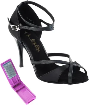 Very Fine Dance Shoes - Ladies Latin, Rhythm, Salsa, Waltz Ballroom Dance Shoes - 2829LEDSS - 3.5-inch Heel and Foldable Brush Bundle - Black Satin - Black Trim - 8