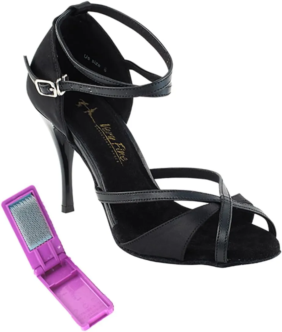 Very Fine Dance Shoes - Ladies Latin, Rhythm, Salsa, Waltz Ballroom Dance Shoes - 2829LEDSS - 3.5-inch Heel and Foldable Brush Bundle - Black Satin - Black Trim - 8