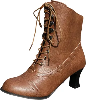 Victorian Boots for Women Lace Up Boots with Side Zipper Chunky Mid Heel Short Booties Mid Calf Vintage Dress Shoes