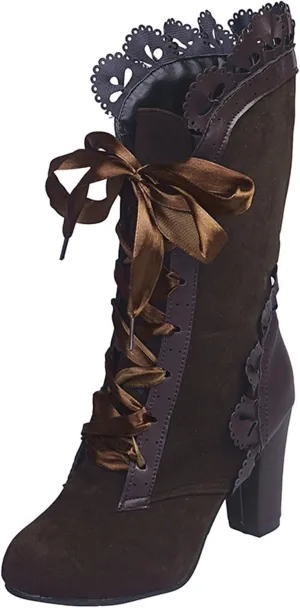 Victorian Boots for Women Lace Up Boots with Side Zipper Chunky Mid Heel Short Booties Mid Calf Vintage Dress Shoes