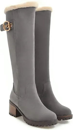 Viuluti Winter Women Knee High Snow Boots Warm Fur Nubuck Leather Tall Boots Fashion Waterproof Chunky Heel Long Boots