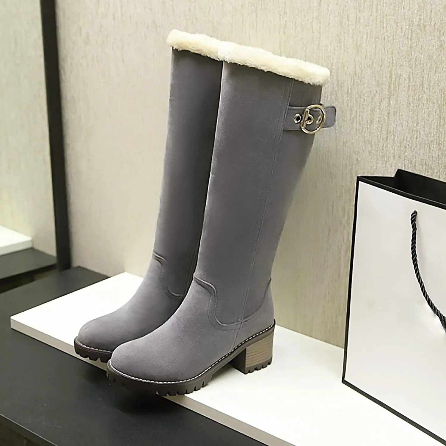 Viuluti Winter Women Knee High Snow Boots Warm Fur Nubuck Leather Tall Boots Fashion Waterproof Chunky Heel Long Boots