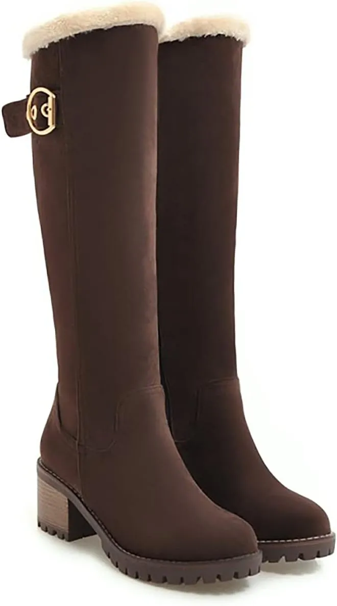 Viuluti Winter Women Knee High Snow Boots Warm Fur Nubuck Leather Tall Boots Fashion Waterproof Chunky Heel Long Boots