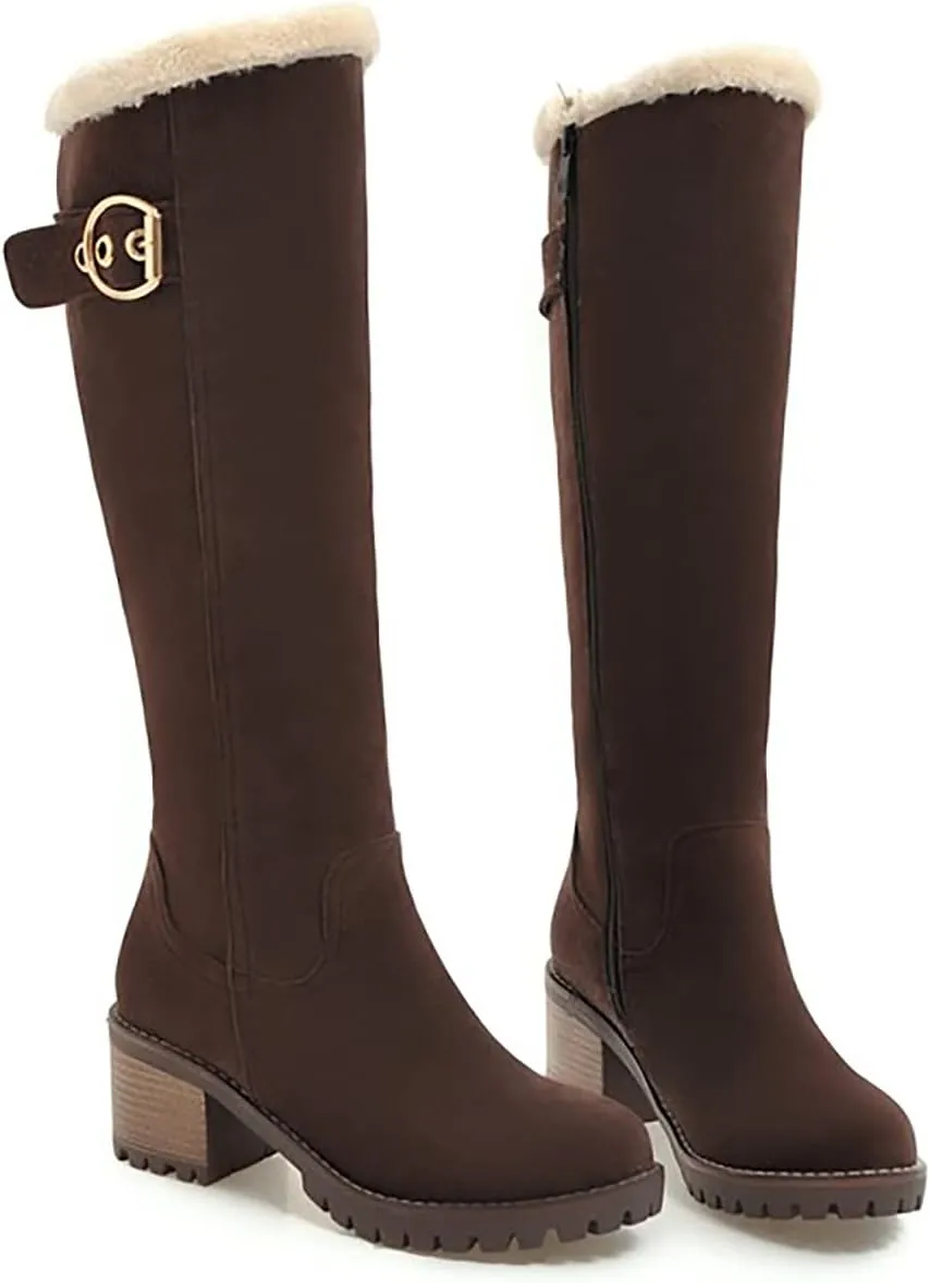 Viuluti Winter Women Knee High Snow Boots Warm Fur Nubuck Leather Tall Boots Fashion Waterproof Chunky Heel Long Boots