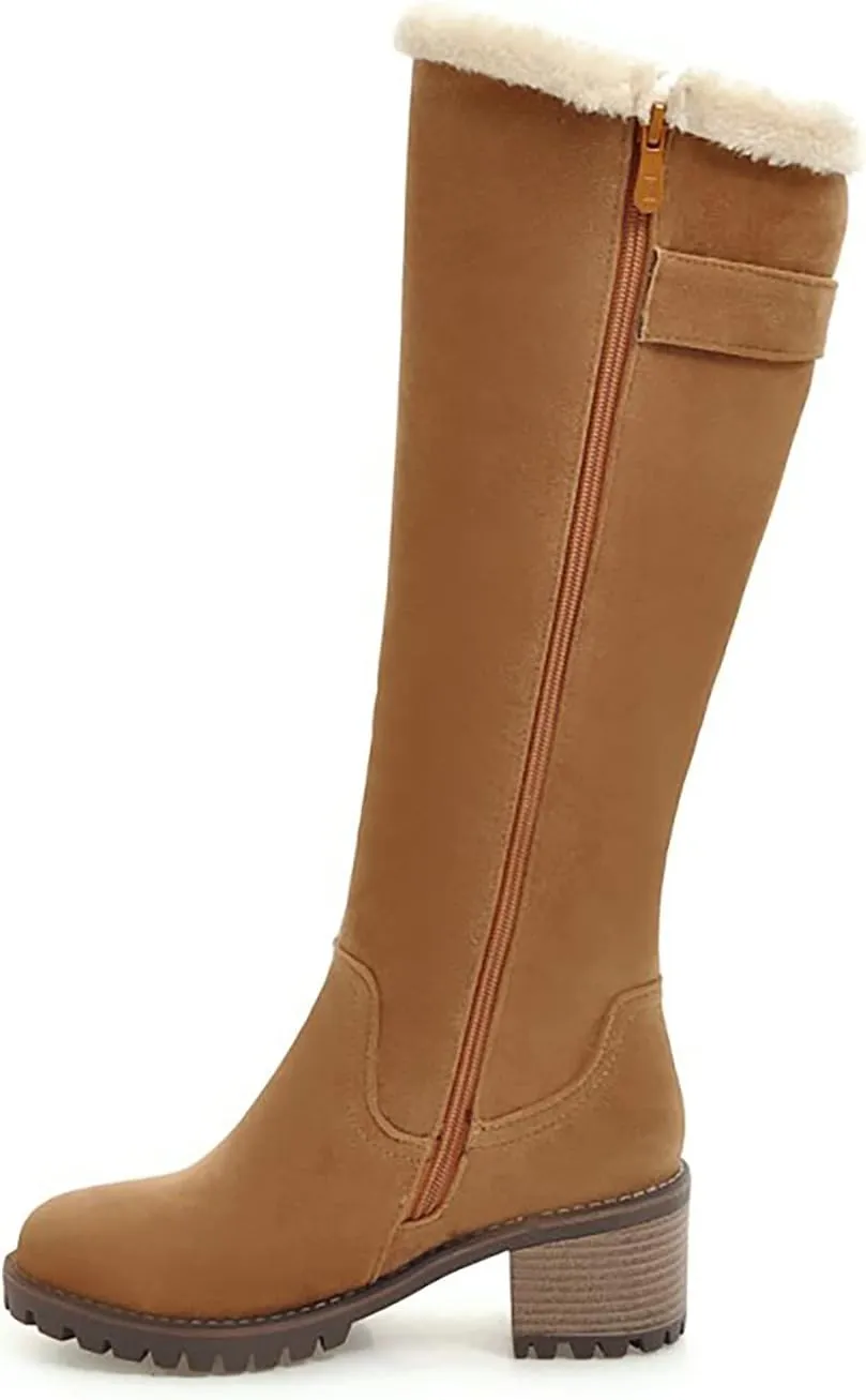 Viuluti Winter Women Knee High Snow Boots Warm Fur Nubuck Leather Tall Boots Fashion Waterproof Chunky Heel Long Boots
