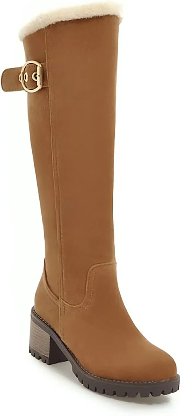 Viuluti Winter Women Knee High Snow Boots Warm Fur Nubuck Leather Tall Boots Fashion Waterproof Chunky Heel Long Boots