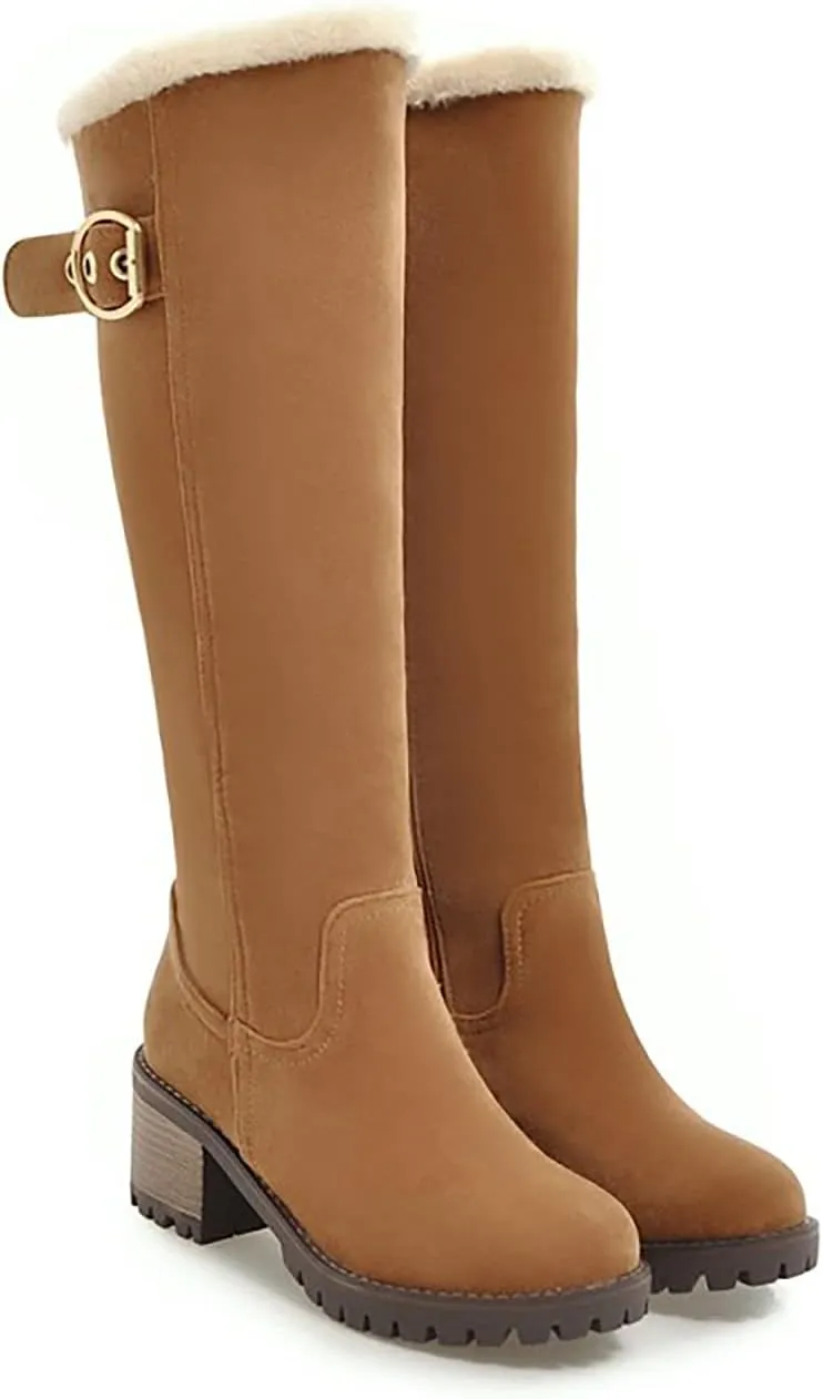 Viuluti Winter Women Knee High Snow Boots Warm Fur Nubuck Leather Tall Boots Fashion Waterproof Chunky Heel Long Boots