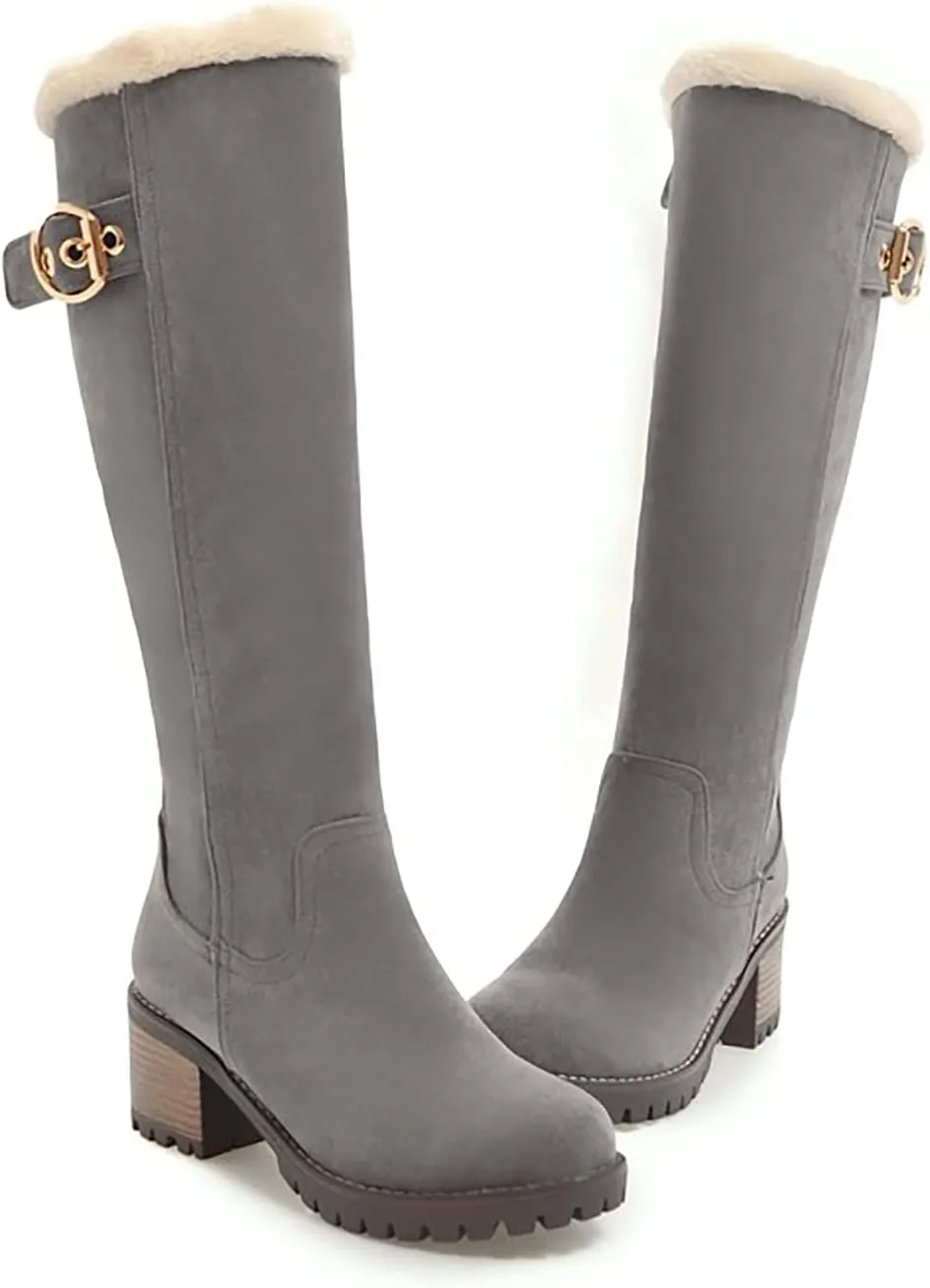 Viuluti Winter Women Knee High Snow Boots Warm Fur Nubuck Leather Tall Boots Fashion Waterproof Chunky Heel Long Boots