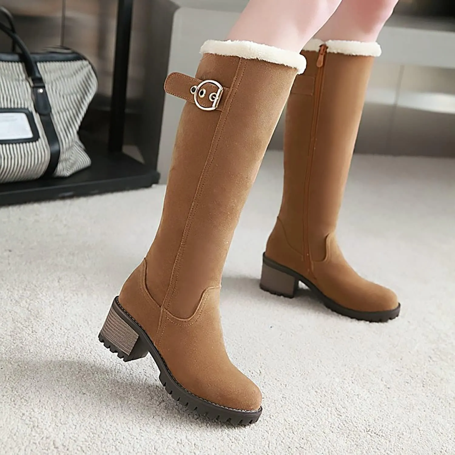 Viuluti Winter Women Knee High Snow Boots Warm Fur Nubuck Leather Tall Boots Fashion Waterproof Chunky Heel Long Boots