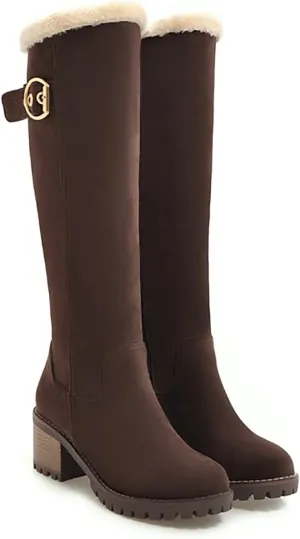 Viuluti Winter Women Knee High Snow Boots Warm Fur Nubuck Leather Tall Boots Fashion Waterproof Chunky Heel Long Boots