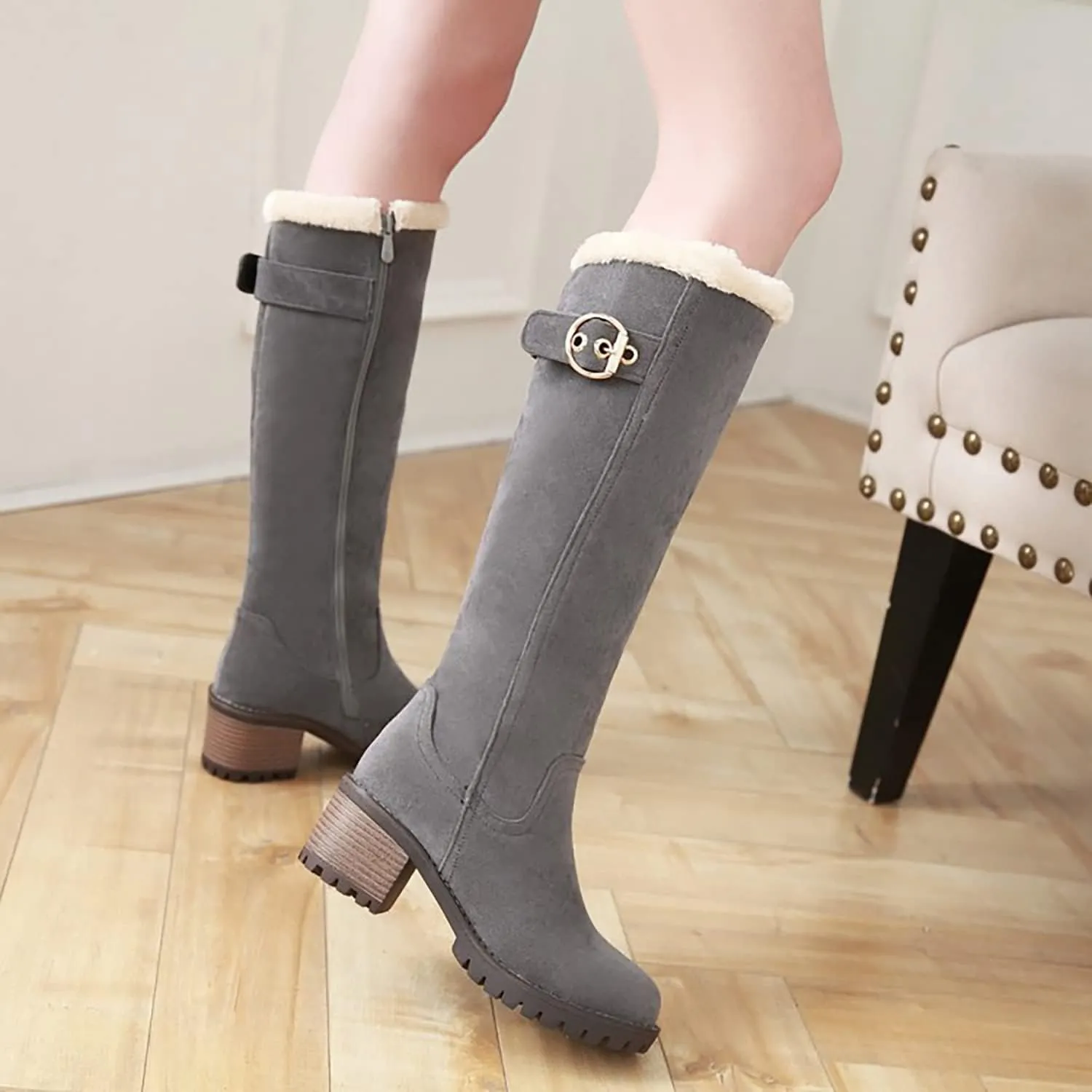 Viuluti Winter Women Knee High Snow Boots Warm Fur Nubuck Leather Tall Boots Fashion Waterproof Chunky Heel Long Boots