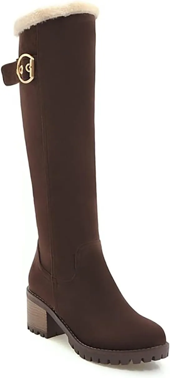 Viuluti Winter Women Knee High Snow Boots Warm Fur Nubuck Leather Tall Boots Fashion Waterproof Chunky Heel Long Boots