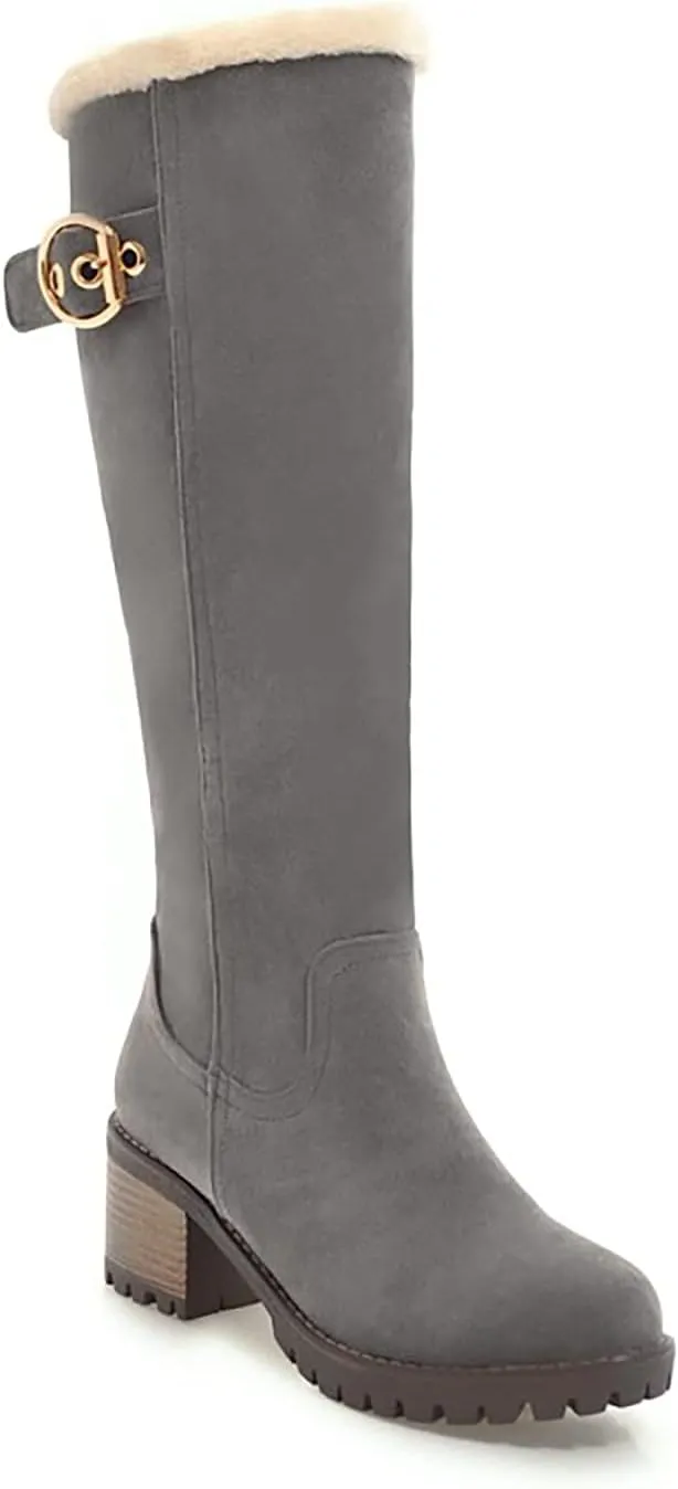 Viuluti Winter Women Knee High Snow Boots Warm Fur Nubuck Leather Tall Boots Fashion Waterproof Chunky Heel Long Boots