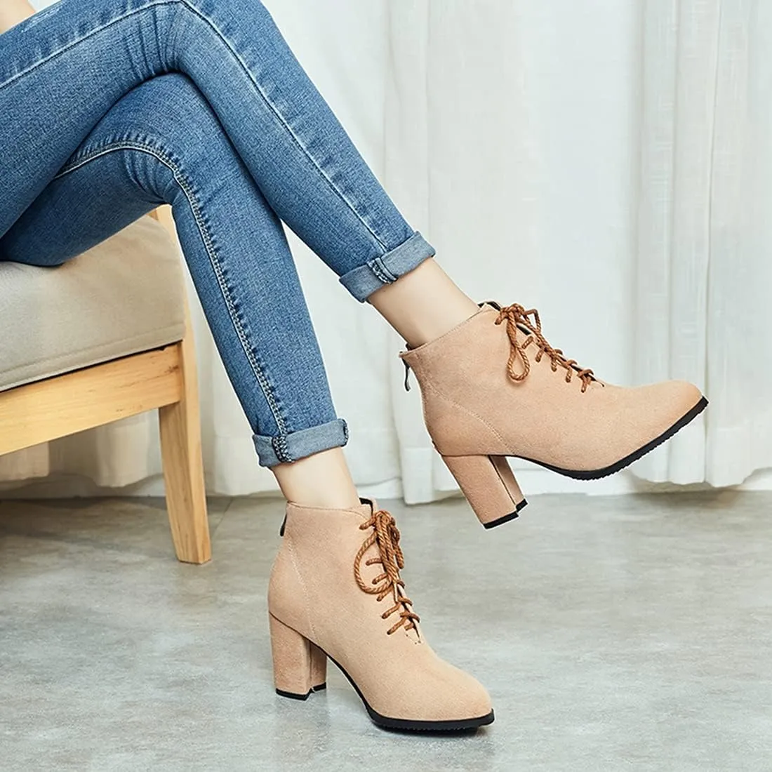 VOKLIN Women's Chunky Block High Heel Dressy Ankle Booties Round Toe Suede Lace Up Elegant Dress Short Boots