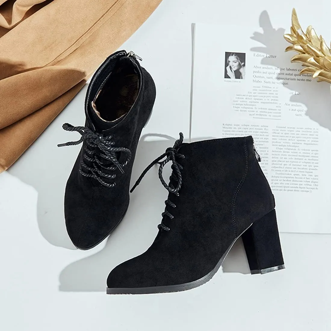 VOKLIN Women's Chunky Block High Heel Dressy Ankle Booties Round Toe Suede Lace Up Elegant Dress Short Boots