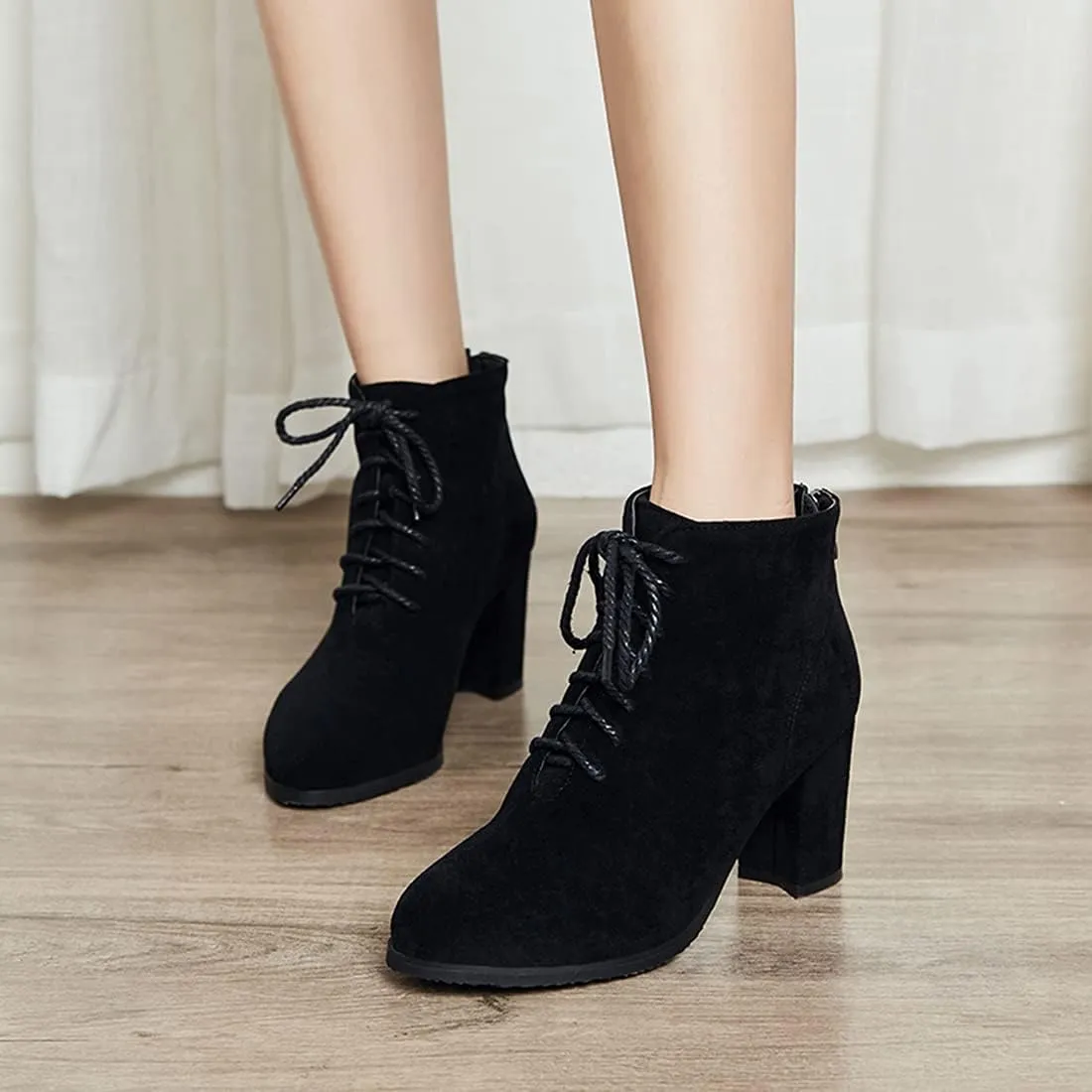 VOKLIN Women's Chunky Block High Heel Dressy Ankle Booties Round Toe Suede Lace Up Elegant Dress Short Boots