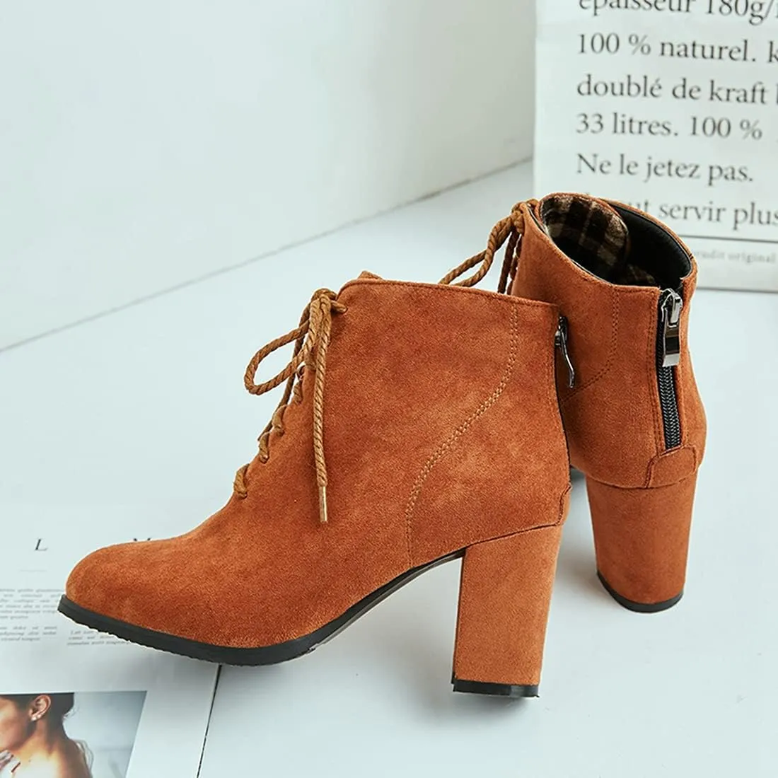 VOKLIN Women's Chunky Block High Heel Dressy Ankle Booties Round Toe Suede Lace Up Elegant Dress Short Boots