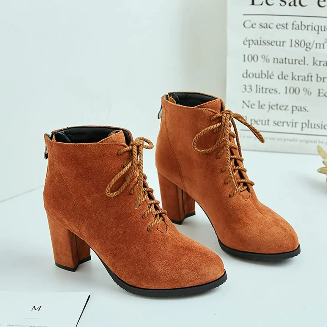 VOKLIN Women's Chunky Block High Heel Dressy Ankle Booties Round Toe Suede Lace Up Elegant Dress Short Boots