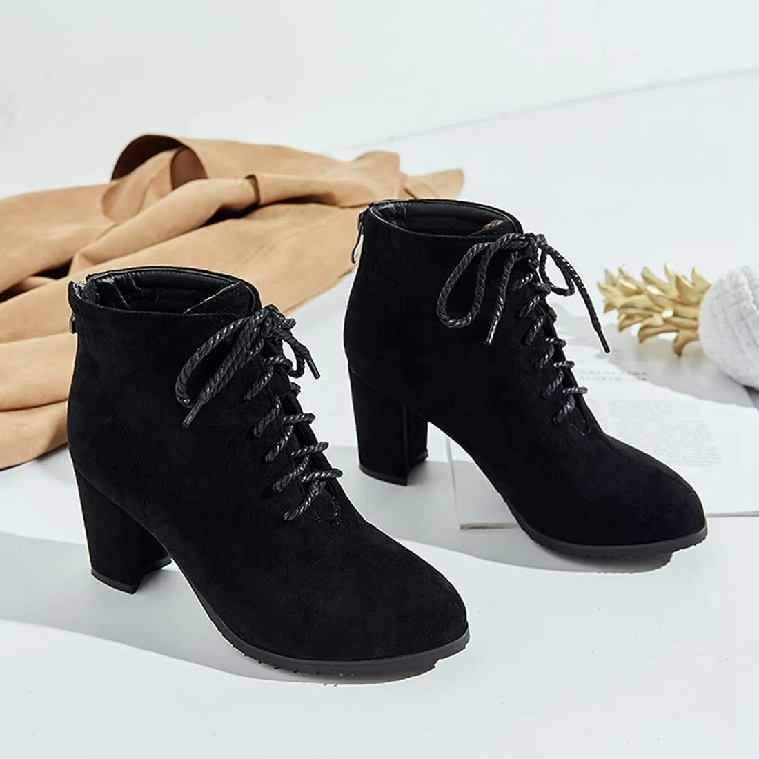 VOKLIN Women's Chunky Block High Heel Dressy Ankle Booties Round Toe Suede Lace Up Elegant Dress Short Boots