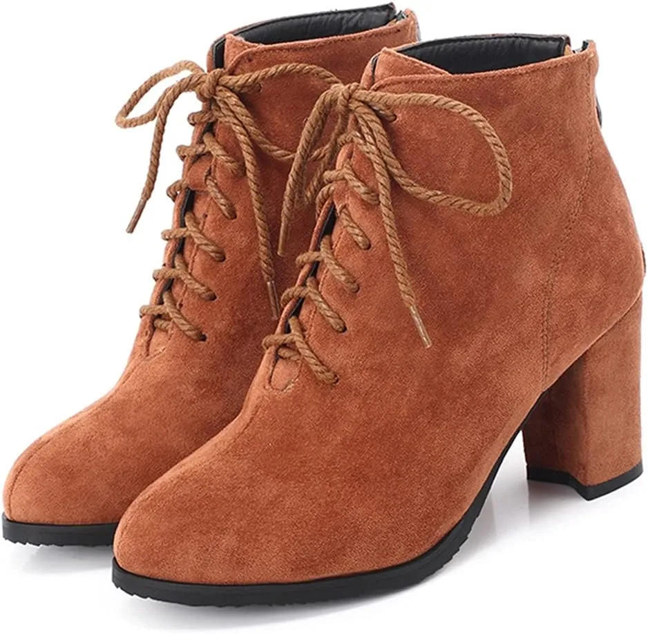 VOKLIN Women's Chunky Block High Heel Dressy Ankle Booties Round Toe Suede Lace Up Elegant Dress Short Boots